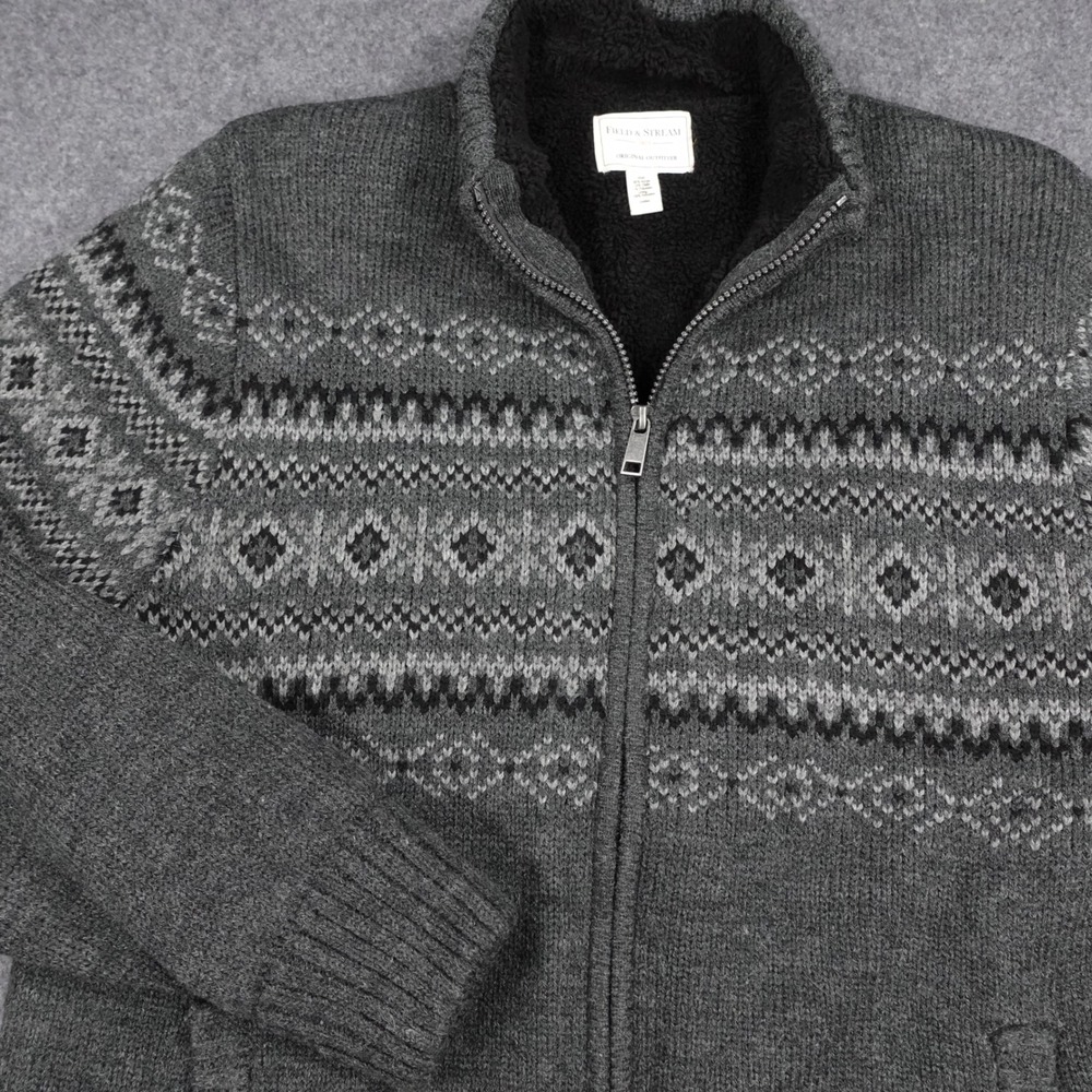 Field & Stream Mens Gray Fair Isle Sherpa Lined Full Zip Knit Sweater Large